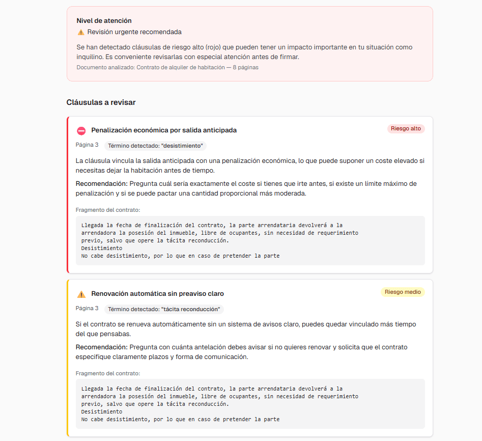 Ejemplo de análisis de contrato de habitación con nivel de atención y alertas señaladas